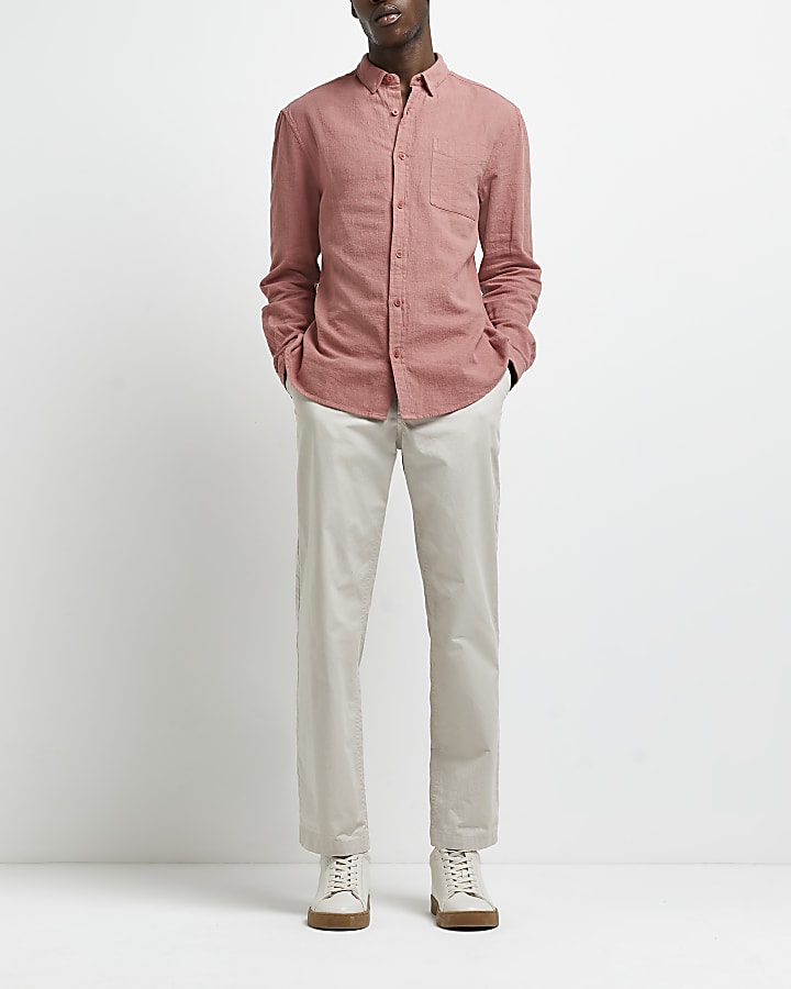 Pink regular fit textured linen mix shirt