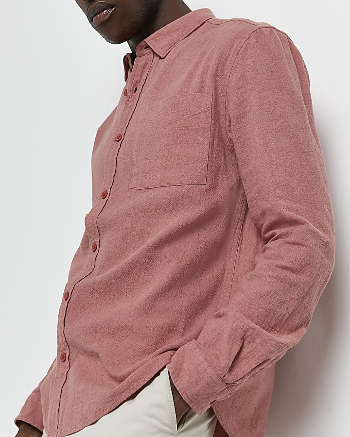 Pink regular fit textured linen mix shirt