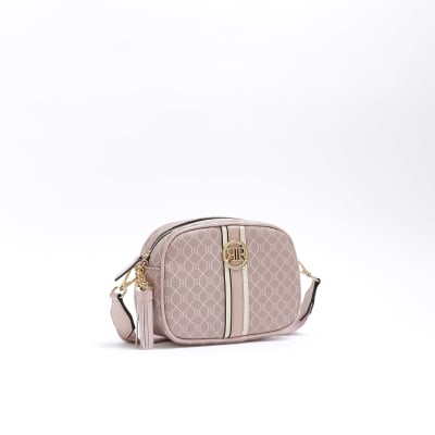 Pink RI monogram cross body bag River Island