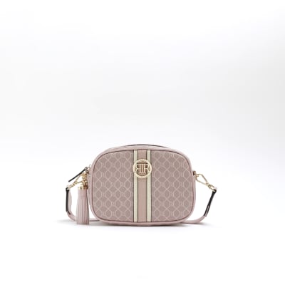 Pink RI monogram cross body bag River Island