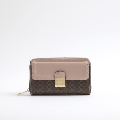 Pink RI Monogram Print Lock Front Purse