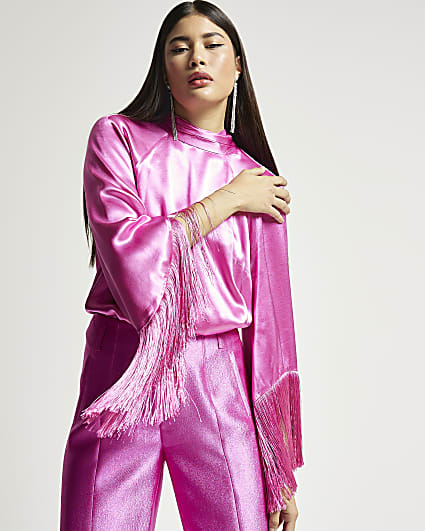 Pink RI Studio satin fringe blouse