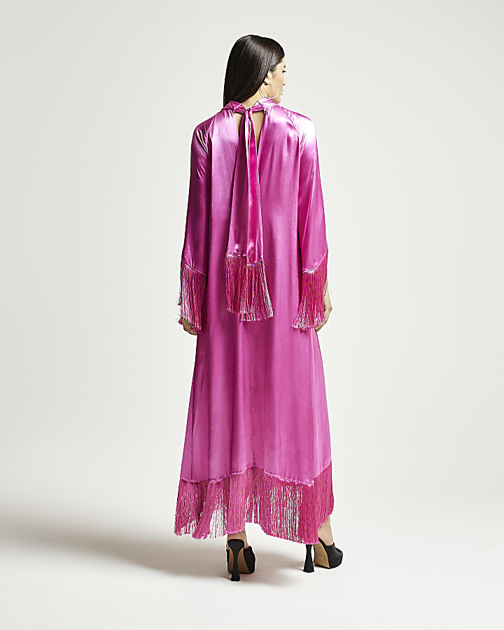 Pink RI Studio satin fringe maxi dress