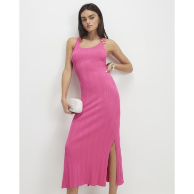 Pink Rib Knit Buckle Midi Dress | River Island