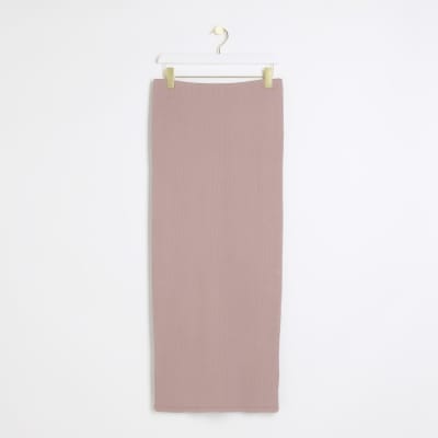 Pink rib pencil midi skirt River Island