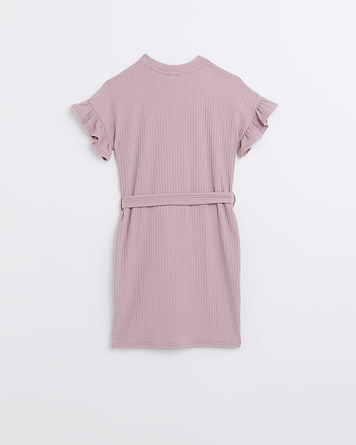 Pink ribbed frill sleeve belted dress