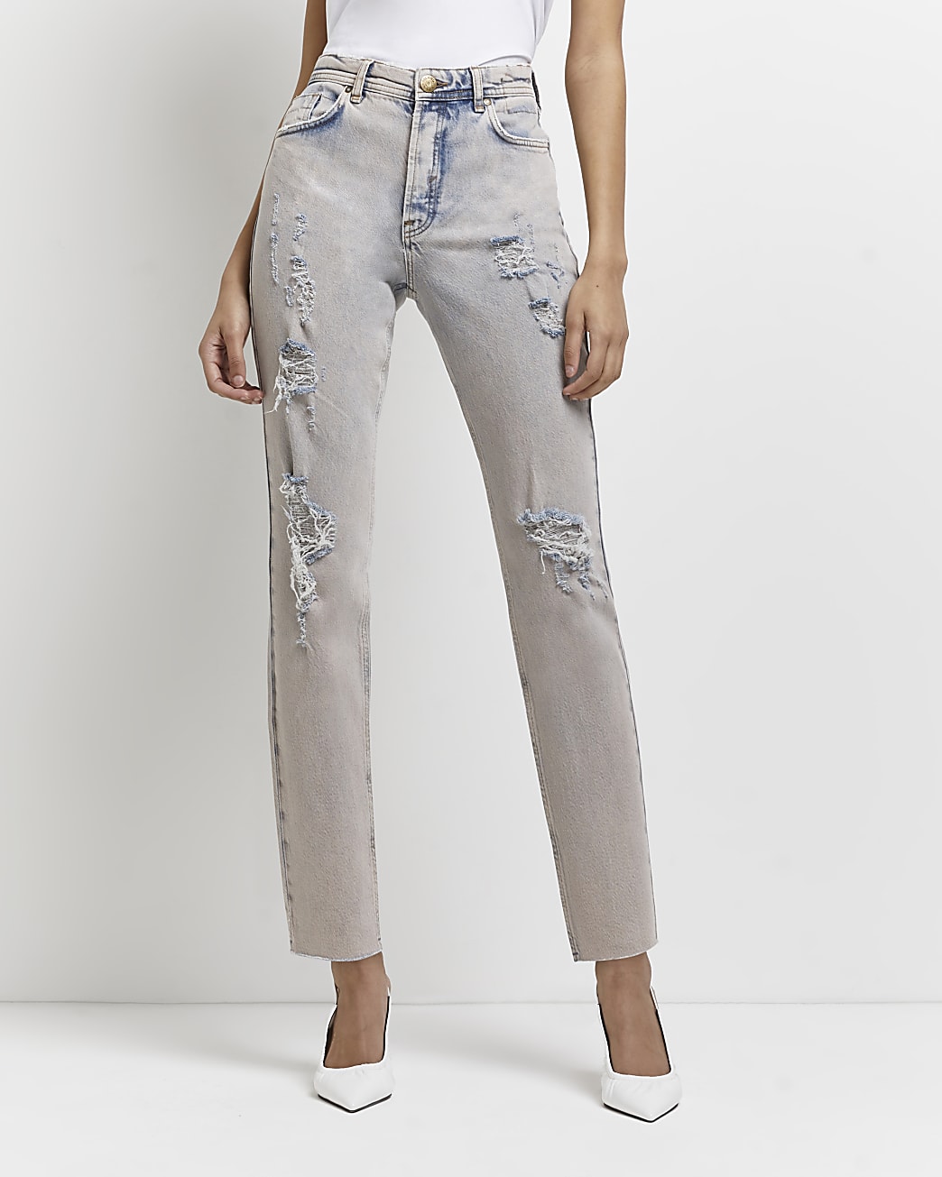 Pink ripped high waisted slim fit jeans, River Island