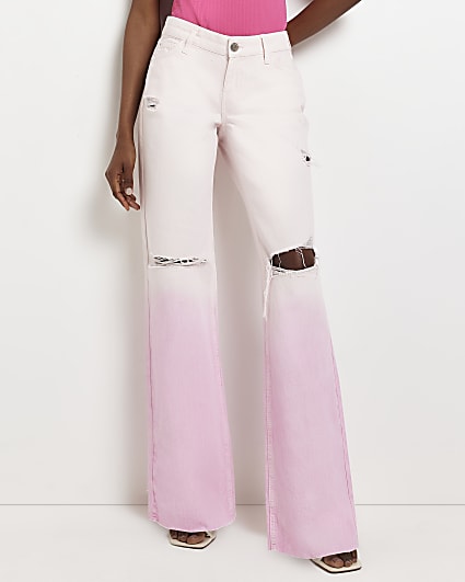 Pink ripped high waisted wide leg jeans