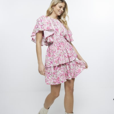 Pink rose floral tiered mini dress