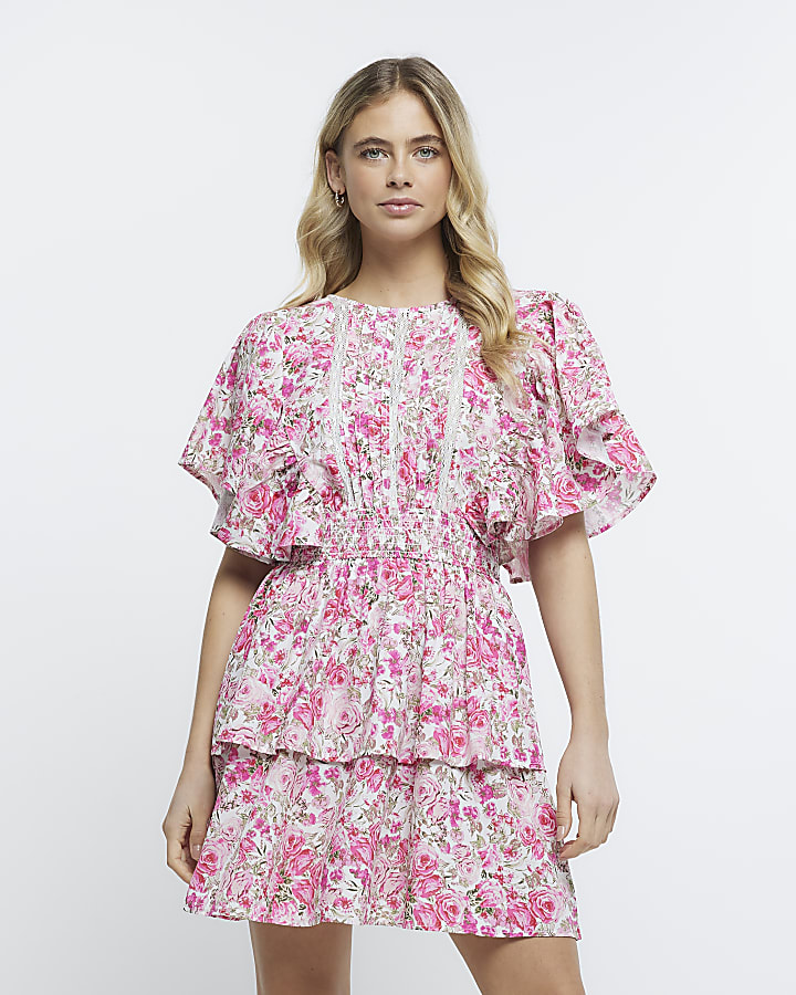 Pink rose floral tiered mini dress