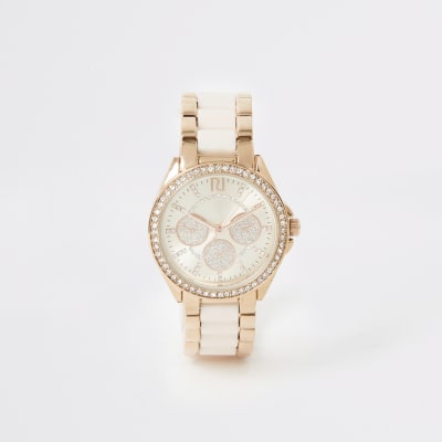 Pink Rose Gold Colour Diamante Chain Watch River Island