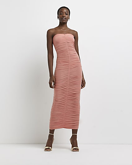 Pink ruched bandeau bodycon midi dress