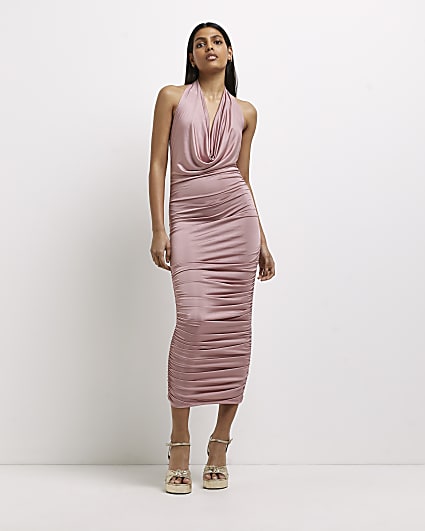 Pink ruched bodycon midi dress