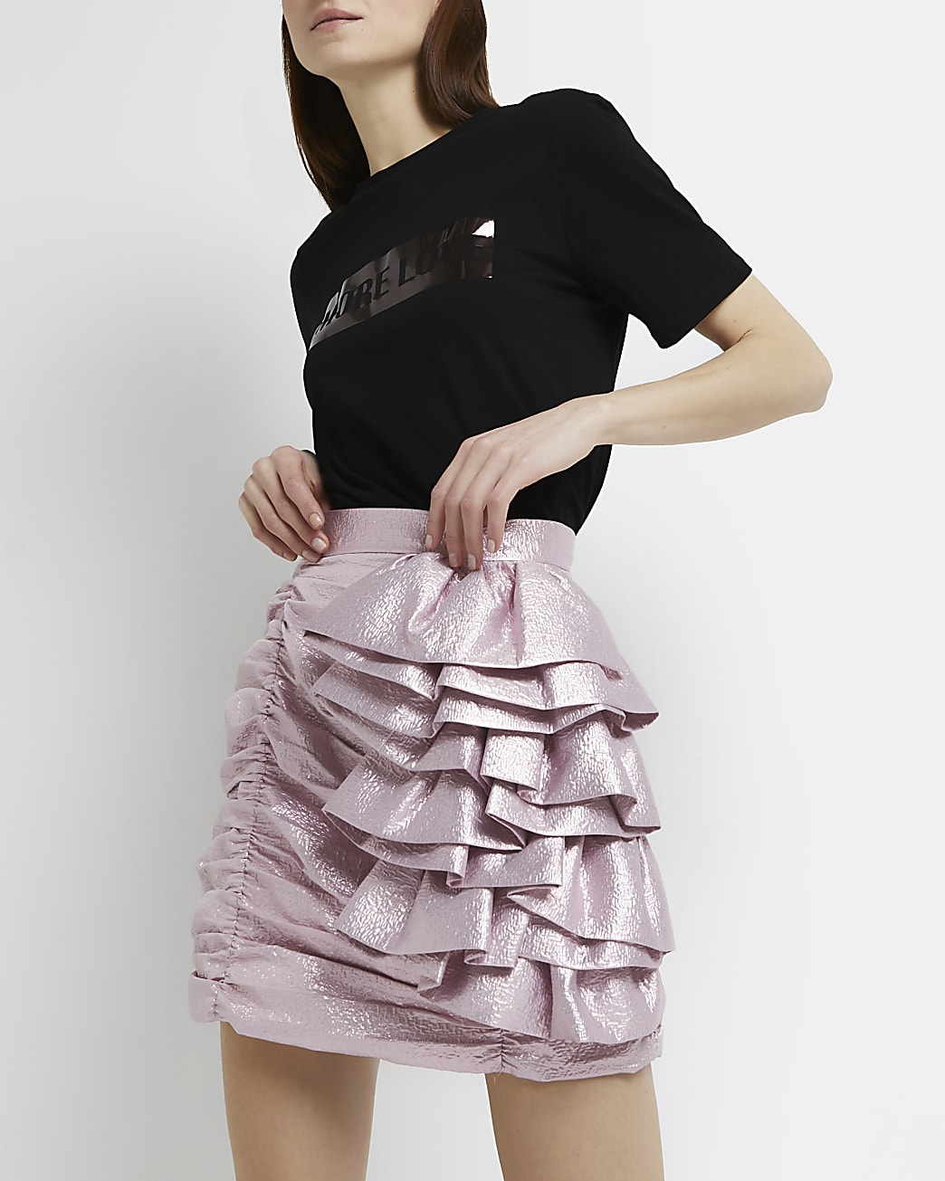 Pink ruched fitted mini skirt