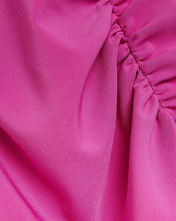 Pink ruched long sleeve midi shirt dress