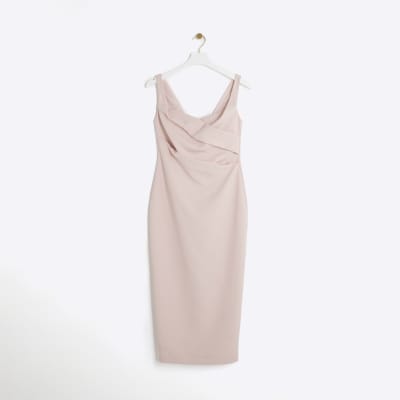 Pink Ruched Open Back Bodycon Midi Dress | River Island