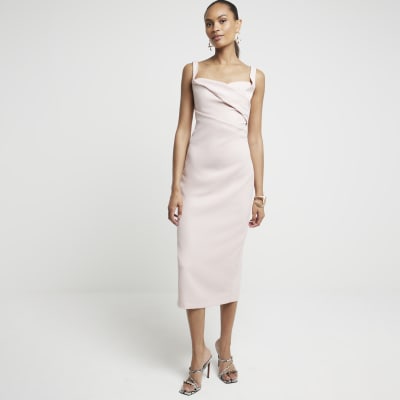 Pink Ruched Open Back Bodycon Midi Dress