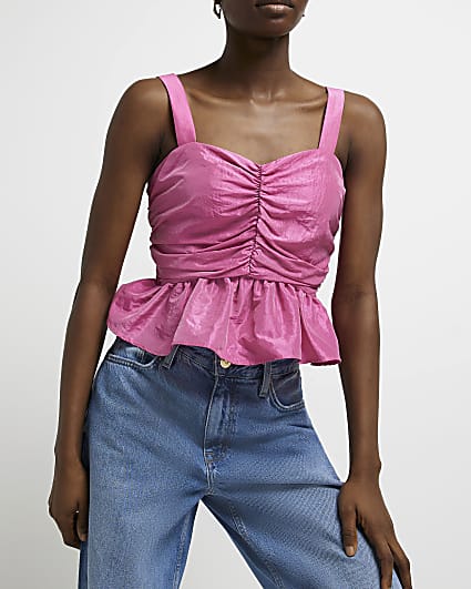 Pink ruched peplum top