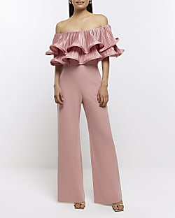 Pink ruffle bardot jumpsuit