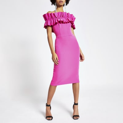 pink midi ruffle dress