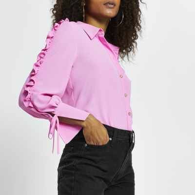 pink ruffle sleeve blouse