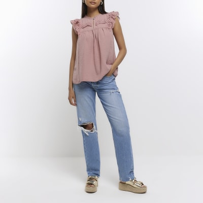 Pink ruffle sleeveless blouse | River Island