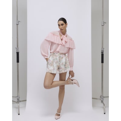 Pink Ruffle Tie Neck Blouse