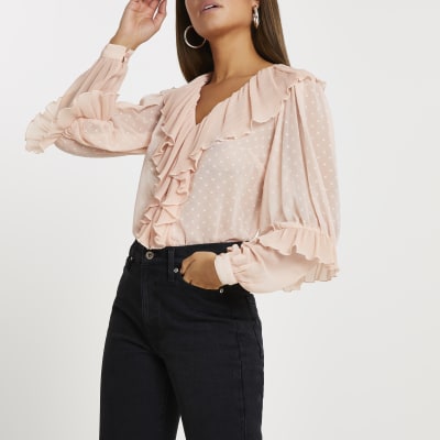 Pink ruffle v neck long sleeve blouse 