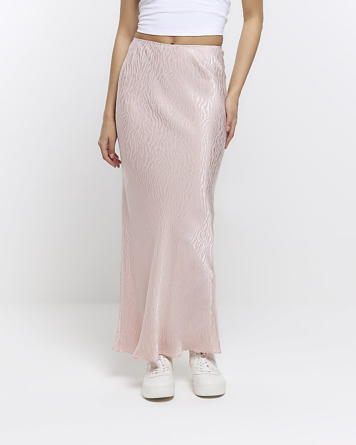 Pink satin animal print maxi skirt