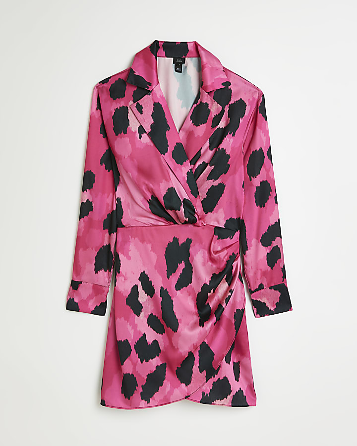 Pink satin animal print wrap blazer dress