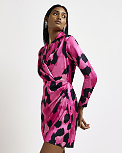 Pink satin animal print wrap blazer dress