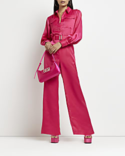 Pink satin belted wide leg trousers