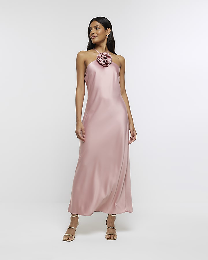 Pink Satin Corsage Bodycon Midi Dress | River Island