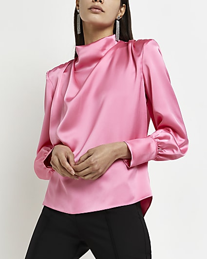 Pink satin cowl neck blouse