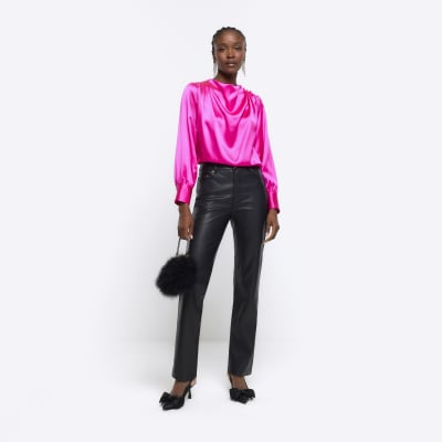 Pink satin cowl neck blouse | River Island