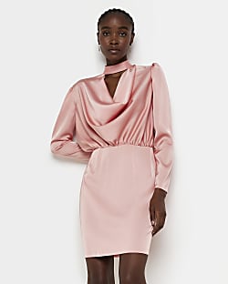 Pink satin cowl neck mini dress