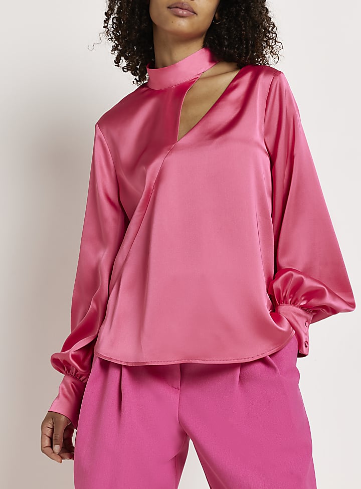 Pink satin cut out blouse