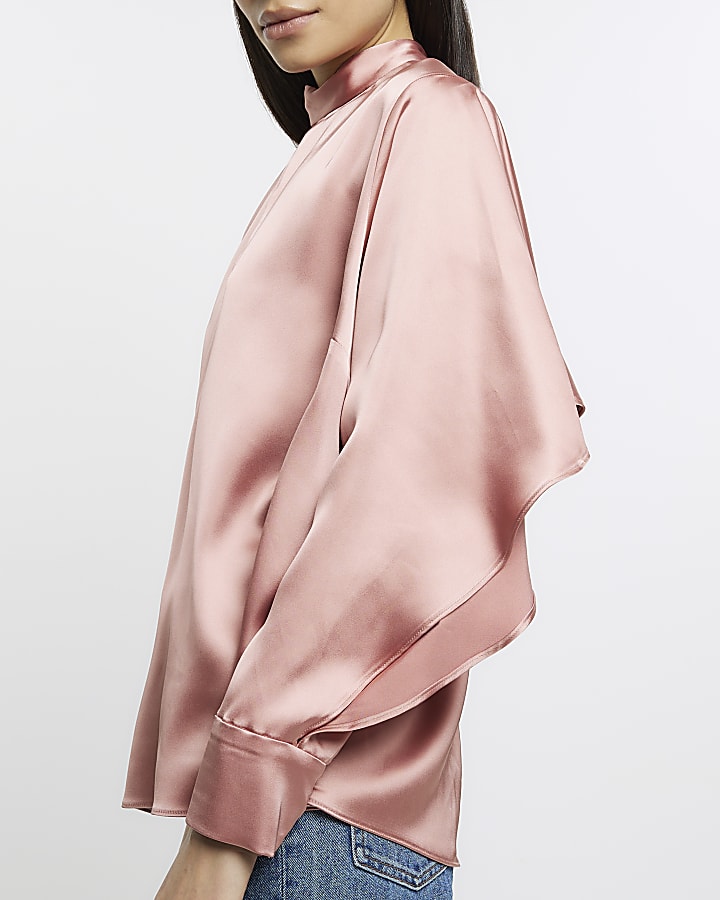 Pink satin cut out frill blouse