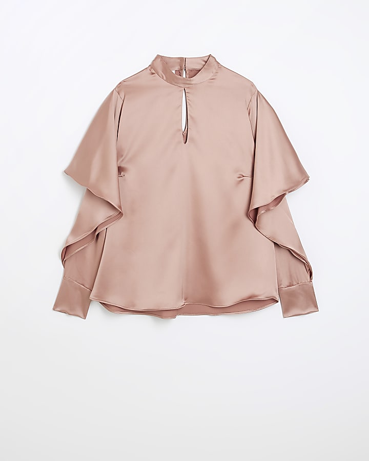 Pink satin cut out frill blouse