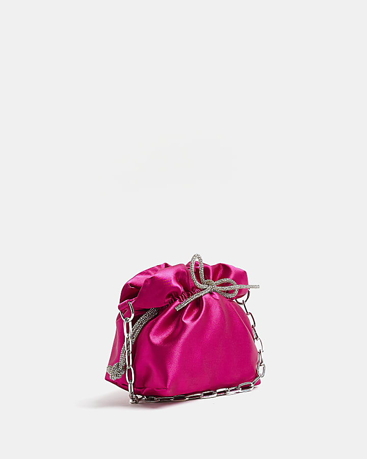 Pink satin diamante bow shoulder bag