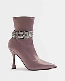 Pink satin embellished heeled sock boots