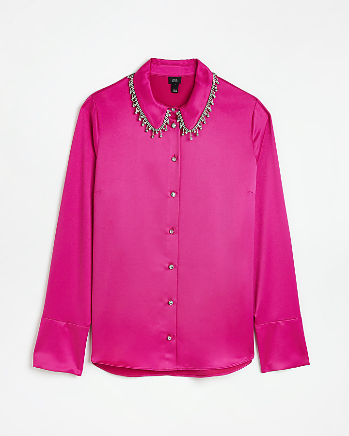 Pink satin embellished shirt