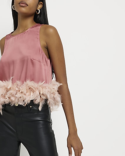 Pink satin feather trim cropped top