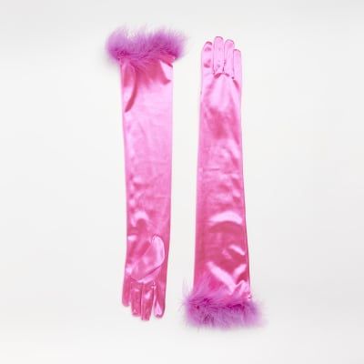 Pink satin feather trim long gloves River Island