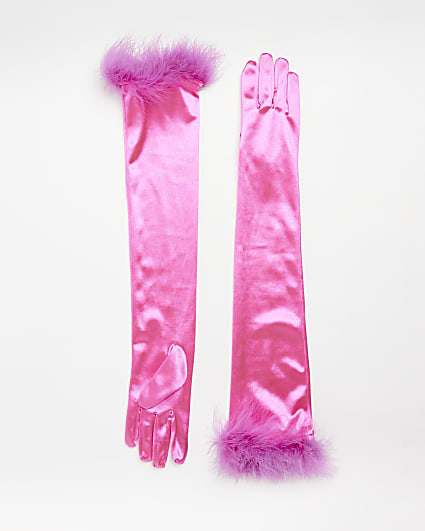 Pink satin feather trim long gloves