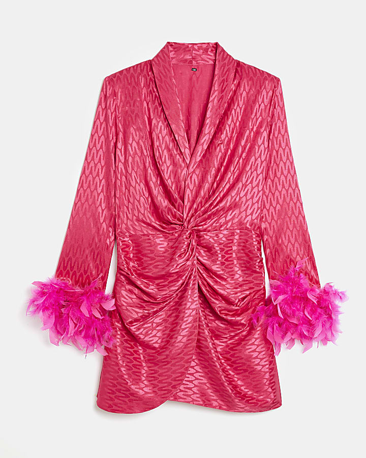 Pink satin feather trim wrap mini dress