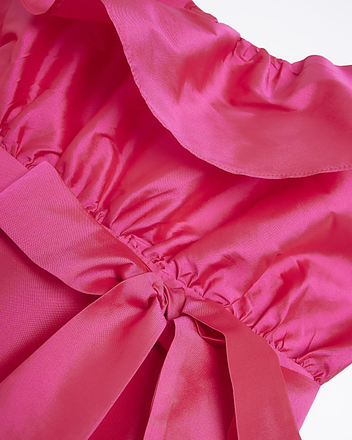 Pink satin frill sleeve smock midi dress