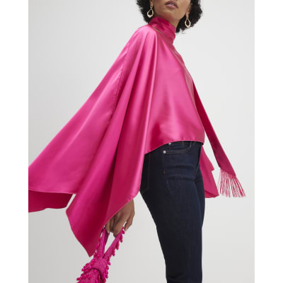 Pink Satin Fringed Scarf Cape