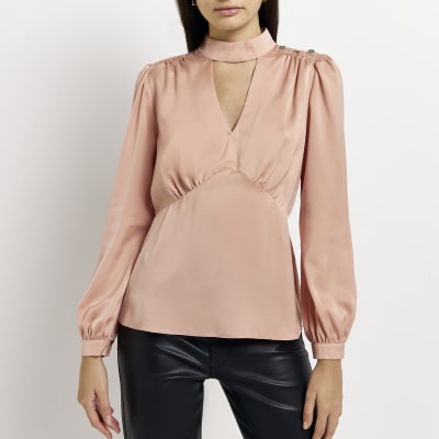 Pink satin high neck cut out blouse | River Island