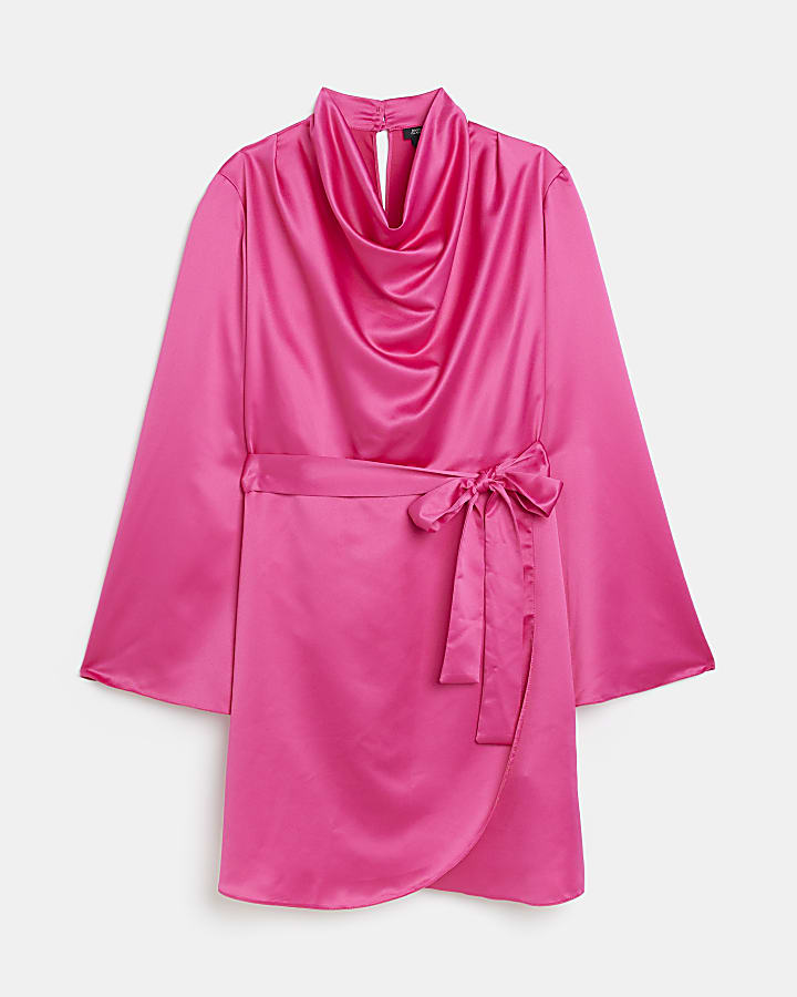 Pink satin high neck mini dress